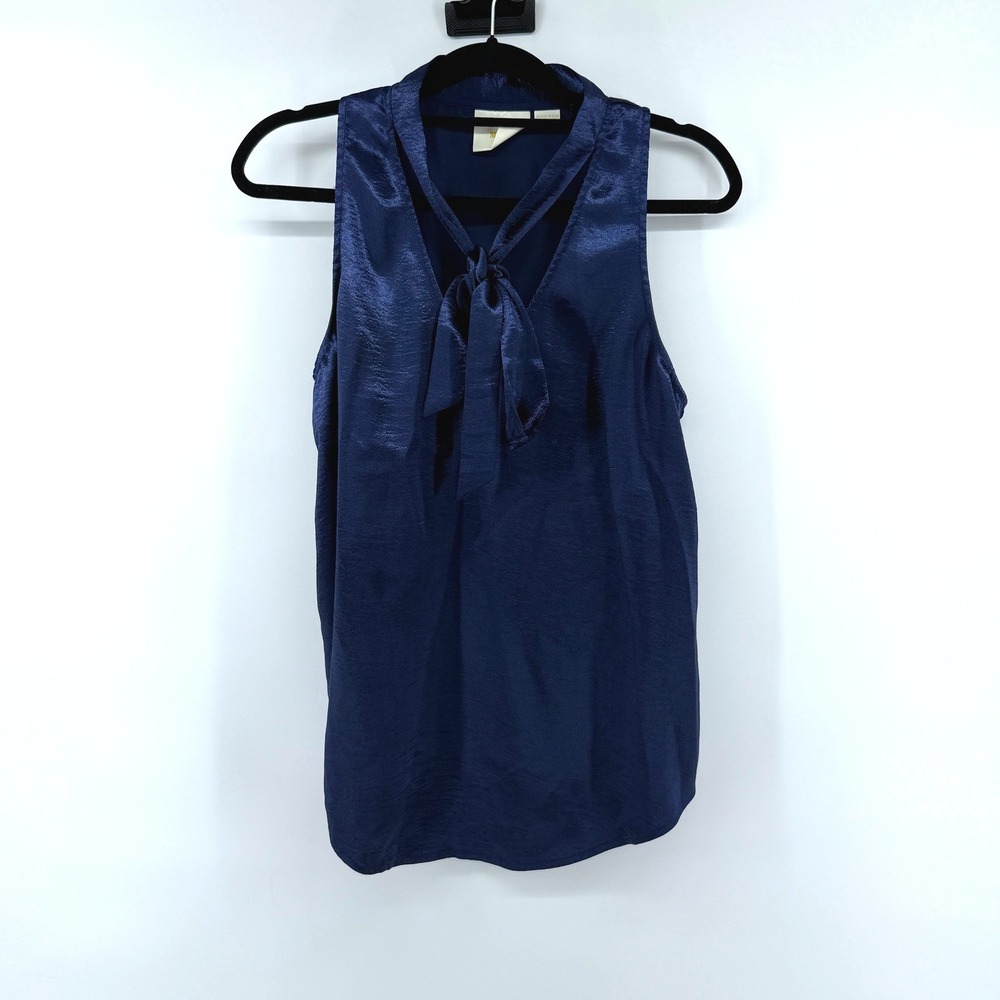 Maeve Blouse Tie Neck 12 Navy Blue Womens Satin Sleeveless Anthropologie Top